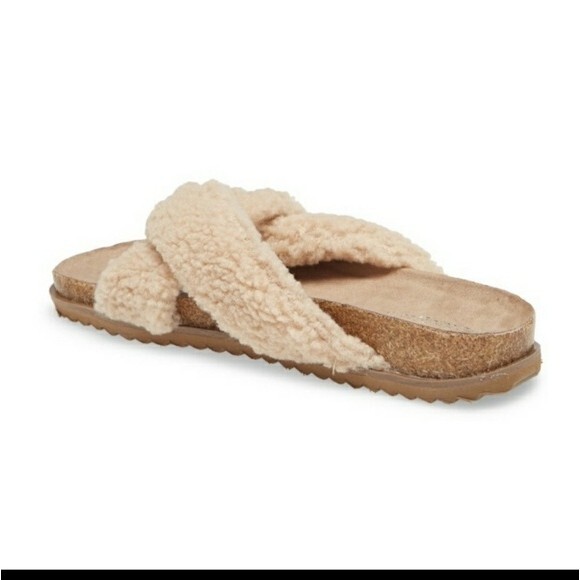 Treasure & Bond Tan Fuzzy Faux Fur Cork Slide Sandals Slip-On Cozy - Picture 2 of 2